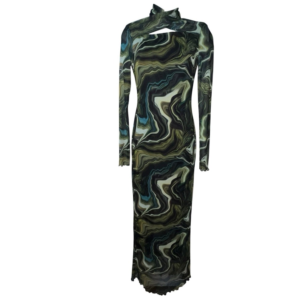 Daska Nasira Maxi‎ Dress Green Abstract Line Long Sleeve Bodycon XS Keyhole Neck - Picture 2 of 13